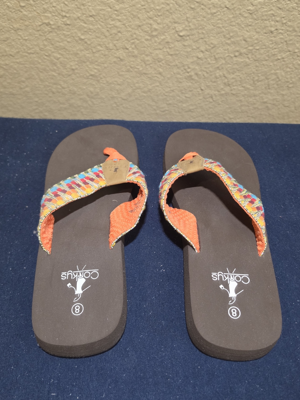Corkys Women's Orange Multicolor Woven Strap Flip Flops - Picture 4 of 6